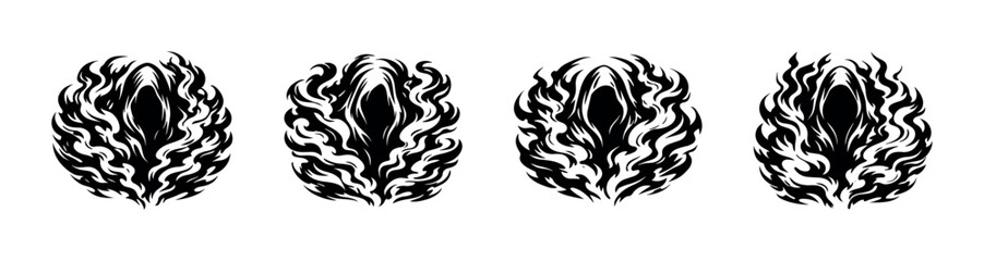 Fototapeta premium Four stylized black grim reapers with fiery halos on a white background