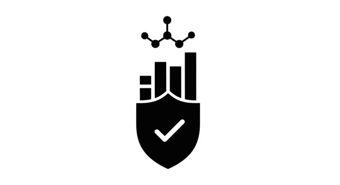 Vector illustration of shield icon with bar chart and network node symbol on a transparent background