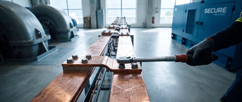 Industrial electrician using torque wrench on copper busbar systems inside power plant facility to secure heavy high-voltage electrical connections, ensuring safe and reliable energy grid operations.