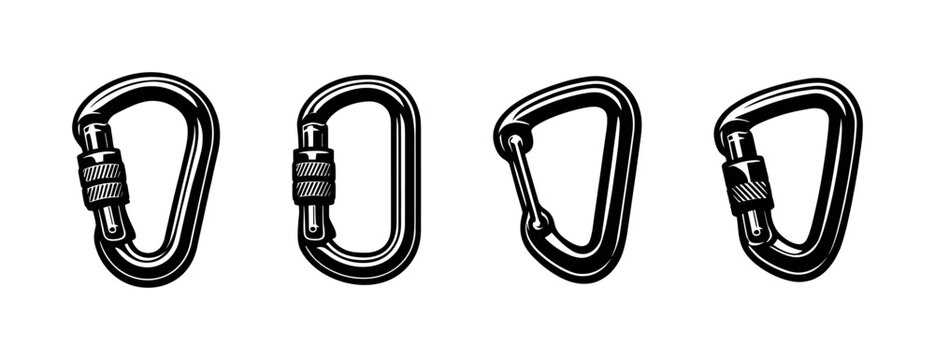 Collection of four black climbing carabiners with screw gates and wire gates