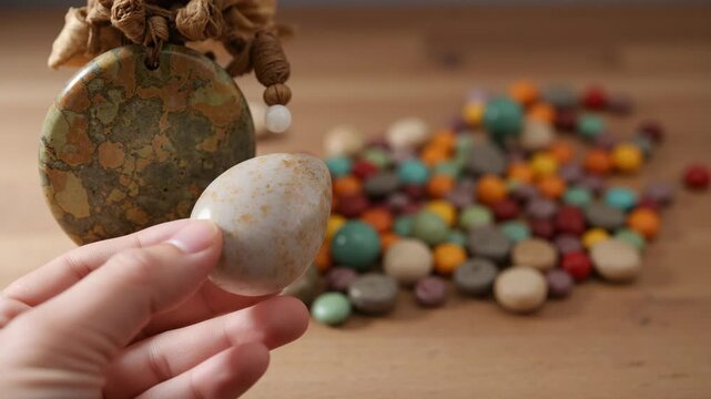 Close-up of a person's hand holding a large bead with an etched design, alongside smaller colorful beads on a wooden table.