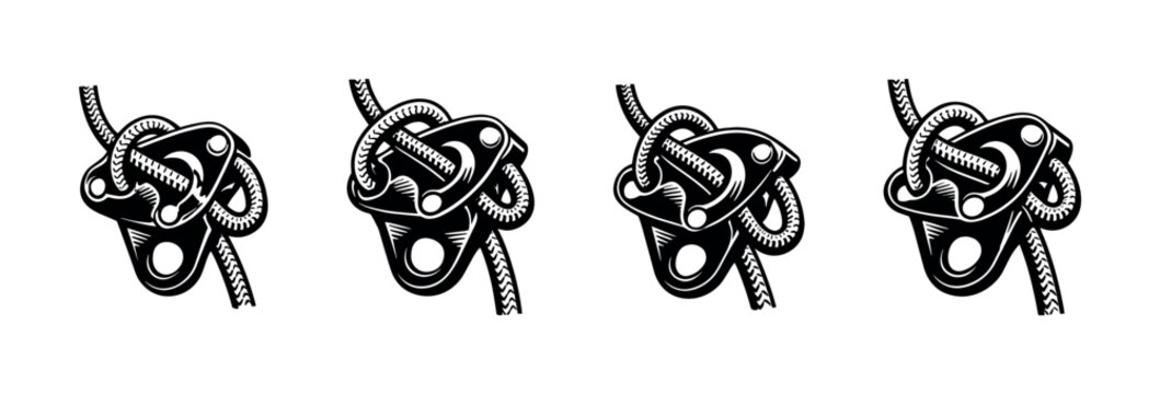 Close-up illustration of a climbing ascender device with rope attached