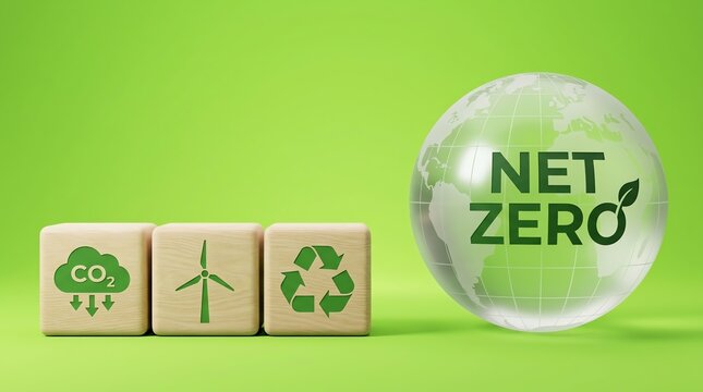 Net Zero carbon neutral concept with glass globe and environmental icons on wooden blocks over green background