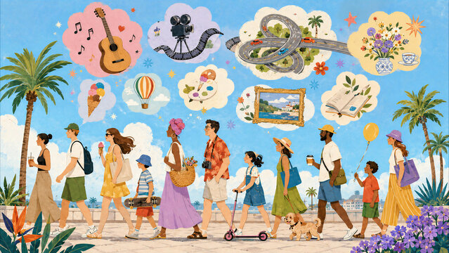 Diverse group of people walking on a coastal promenade with thought bubbles representing various hobbies and interests like music, travel, and art.