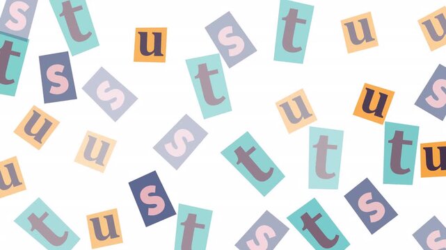 Scattered paper cutouts show lowercase letters t u s t. Alphabet craft for education materials, card making, or design projects.
