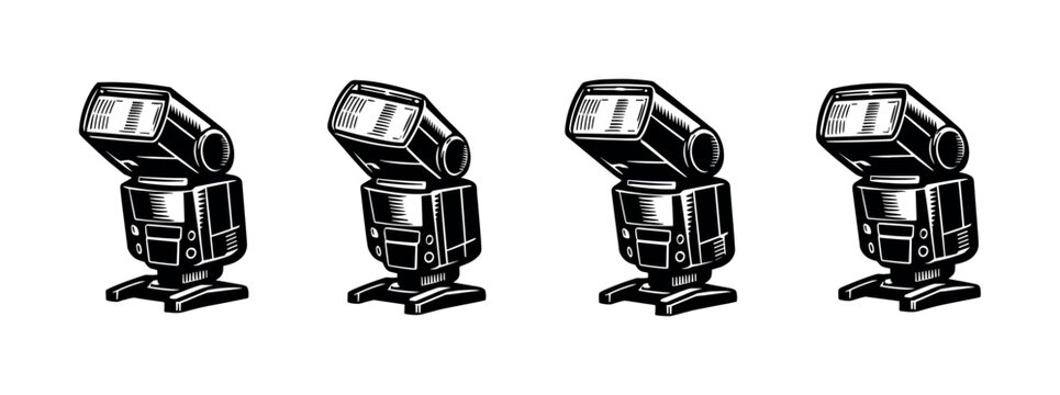 Row of four identical camera flashes in a minimalist black and white illustration style