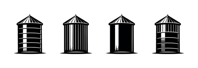Collection of four distinct farm silos in a minimalist black and white graphic style © Compositor 