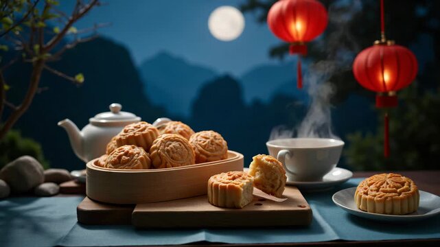 A tranquil tea time setting by the mountains under a full moon with traditional Chinese pastries and tea service.