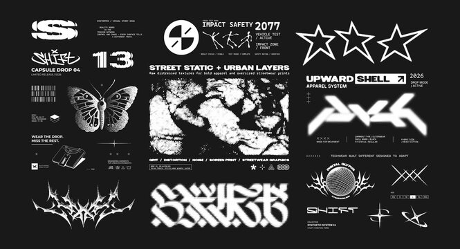 Typography prints halftone and y2k elements for streetwear. Grunge prints in stencil style, y2k monochrome for streetwear, t-shirt, apparel. Dark halftone arts, 3d, typeface, lettering. Vector graphic