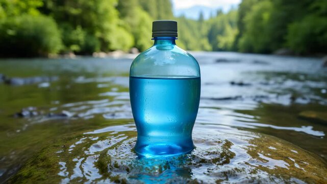 An empty blue plastic bottle discarded along a riverbank.
