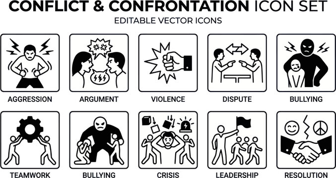 A set of Conflict and Confrontation icons depicting Aggression, Argument, and Bullying scenes.
