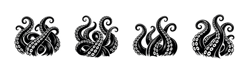Collection of stylized black octopus tentacles emerging from water © Compositor 