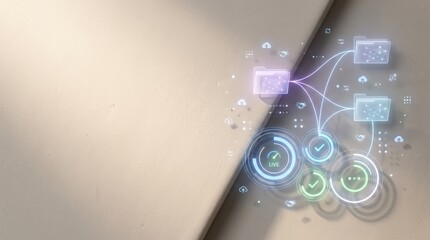 Fototapeta premium Futuristic data routing interface with holographic folders and network link lines on raw clay ceramic tile background