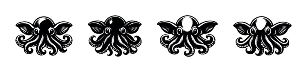 Four stylized black octopus illustrations with large eyes and curly tentacles © Compositor 