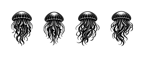Four stylized black jellyfish illustrations with flowing tentacles on a white background © Compositor 