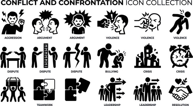 A collection of conflict and confrontation icons depicting various aggressive interactions and violent actions among people in different scenarios.