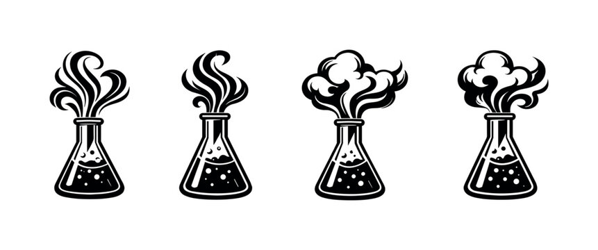 Four stylized laboratory flasks emitting smoke and bubbles in a black and white graphic
