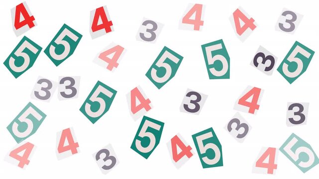 Collage of scattered paper clippings with numeric digits in various styles. Perfect for designs requiring a unique and creative touch.