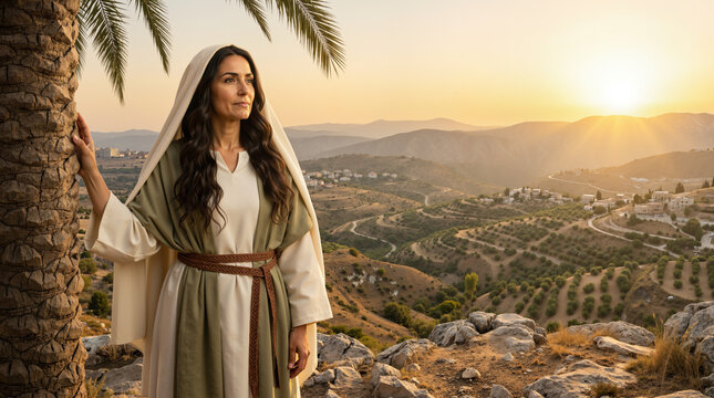Deborah looking across the landscape of Israel. Biblical woman in ancient attire standing on a hill at sunset. Religious historical scene