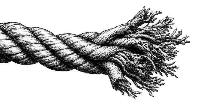 Detailed vintage engraving of a twisted rope with frayed ends, representing strength, tension, durability, connection, wear, and breaking point concepts.