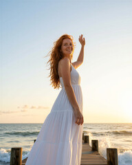 Fototapeta premium Woman with long wavy red hair wearing white dress standing on a wooden pier over ocean waves with blue sky and setting sun behind her, exuding joy and happiness.