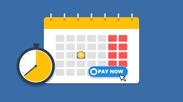 Calendar payment deadline with stopwatch and pay now button animation
