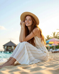 Fototapeta premium Young red-haired woman in white dress and straw hat sitting on a sandy beach with her hands touching her face, near a pier and colorful umbrellas in the background.