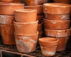 Fototapeta premium Collection Of Empty Terracotta Plant Pots Chipped And Stained With White Minerals Stacked On Rack