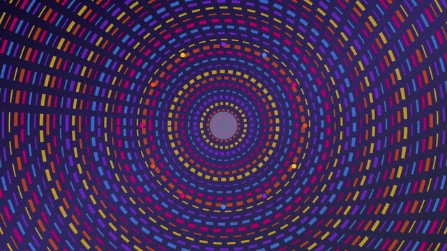 Abstract circular motion animation 4k background, with rotating colorful, dashed lines and, glowing central core