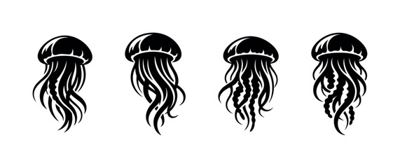Set of four black jellyfish silhouettes with flowing tentacles on a white background © Compositor 