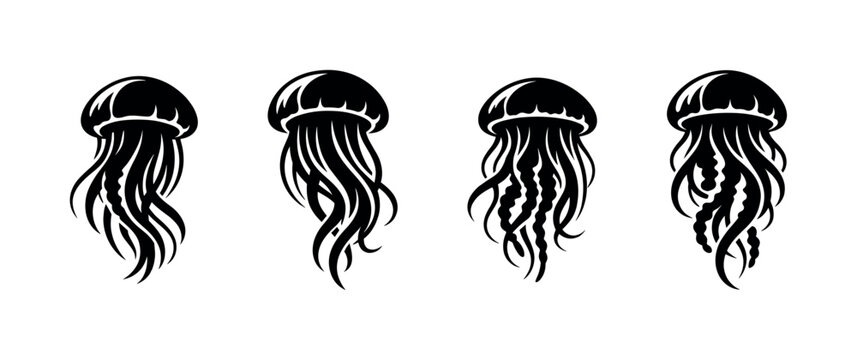 Set of four black jellyfish silhouettes with flowing tentacles on a white background