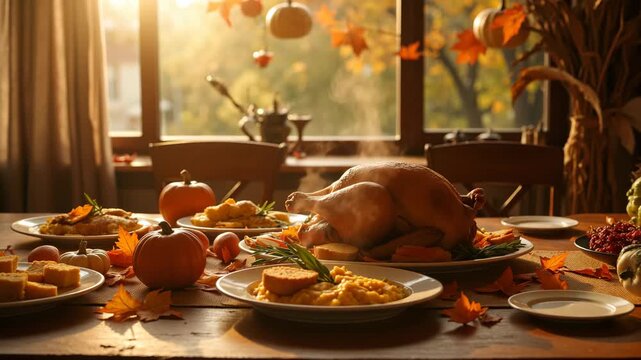 Autumn feast on wooden table with plates of roasted turkey, vegetables and pumpkin pie, decorated with leaves and flowers, warm sunlight coming through window.
