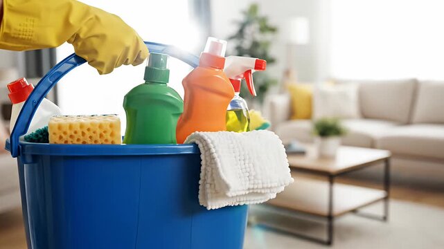 Cleaning supplies bucket with detergent bottles and sponges indoors.