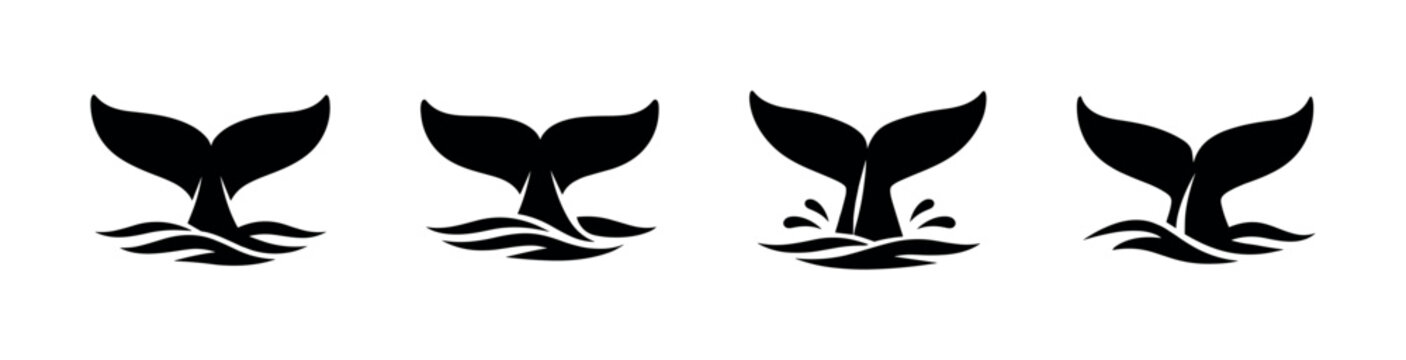 Collection of four black whale tail icons diving into stylized ocean waves