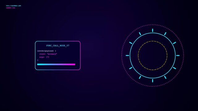A glowing function calling interface displayed on a dark virtual screen showing recurring circular loading animations with neon blue and pink light elements flickering around