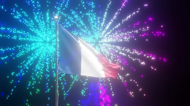The French flag waving on a flagpole against a dark background with dramatic lighting