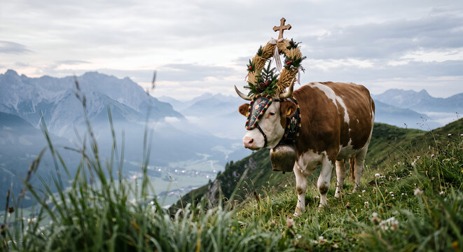Decorated cow with a large bell and wooden cross headdress standing on a misty mountain ridge during Almabtrieb.