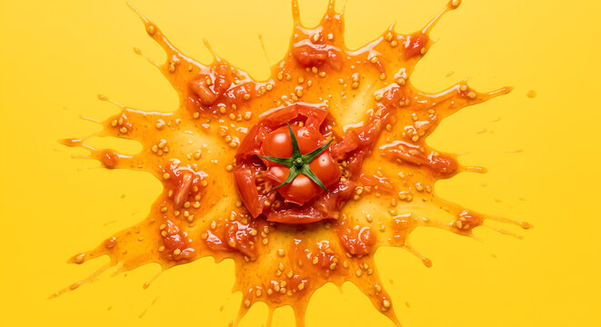 Smashed red tomato splashing and exploding on a solid yellow background.