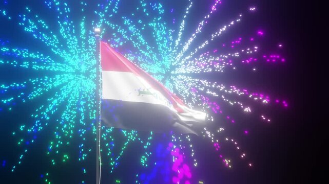 The Iraqi flag with the inscription Allahu Akbar waving on a flagpole against a dark background