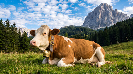 Naklejka premium Brown and white cow resting in a green alpine meadow with a majestic rocky mountain peak in the background.