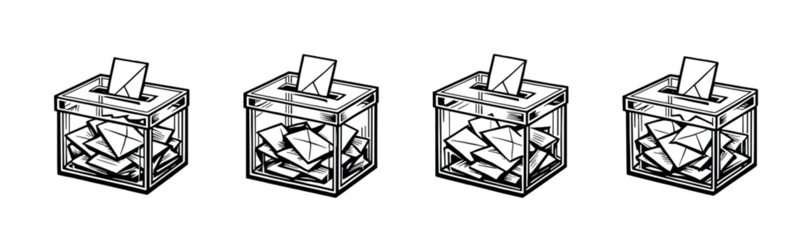 Four transparent ballot boxes filled with voting papers and envelopes