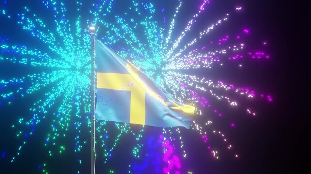 Swedish flag waving on a flagpole against a dark background with glowing edges