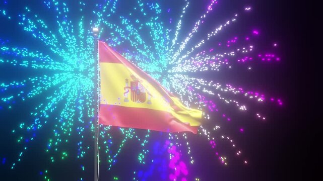 Spanish Flag Waving Proudly on a Pole Against a Dark Background with Subtle Lighting
