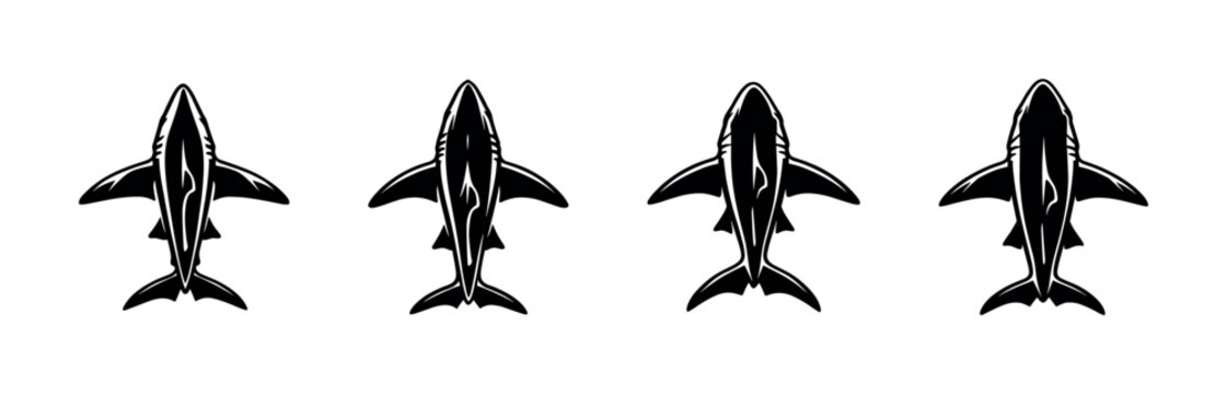 Four stylized black sharks viewed from above in a row on a white background