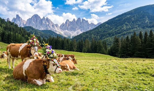 Cows wearing festive floral crowns resting in a high alpine pasture with dramatic jagged mountain peaks in the background.
