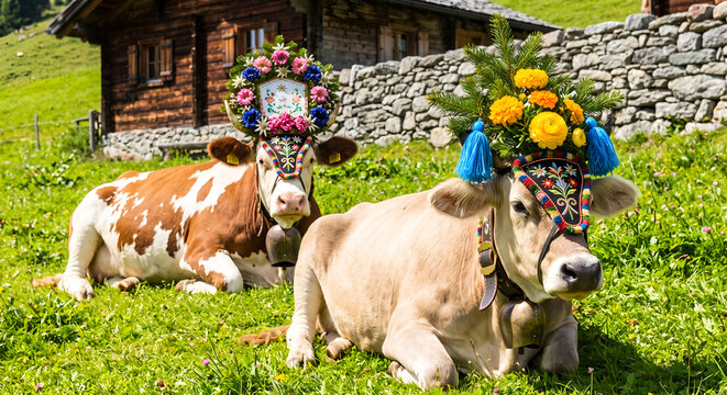 Two resting cows wearing colorful floral crowns and large bells in an alpine meadow during the Almabtrieb festival.