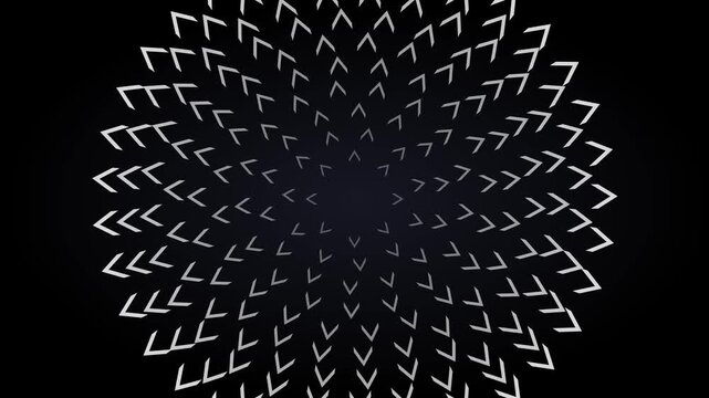 Abstract geometric rotating pattern with animation 4k white arrows on black background, for modern motion, and digital projects