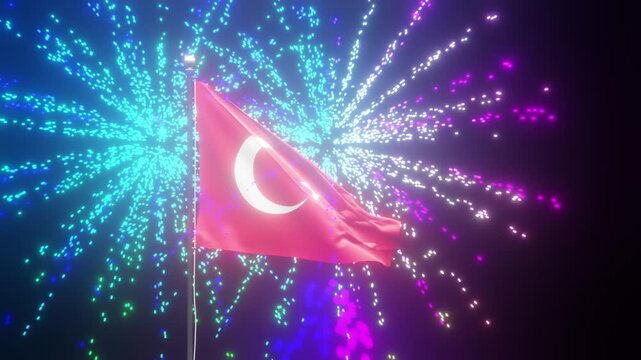 Digital rendering of the Turkish flag waving on a flagpole against a dark background with dramatic lighting