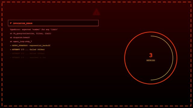 Function calling failure logs display on a dark digital interface showing recurring system error messages in an infinite loop while the software retry counter increments