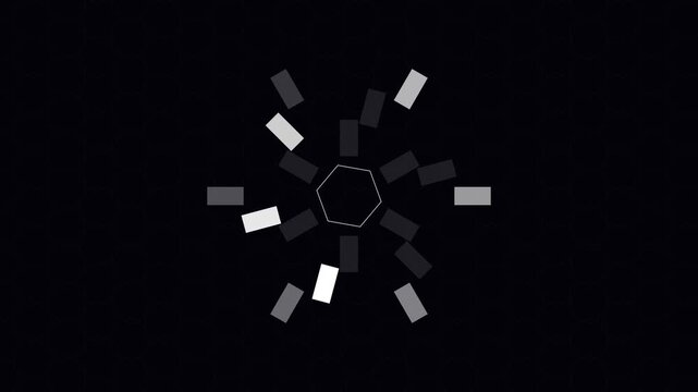 Abstract hexagon loading spinner animation with rotating rectangles on dark 4k background